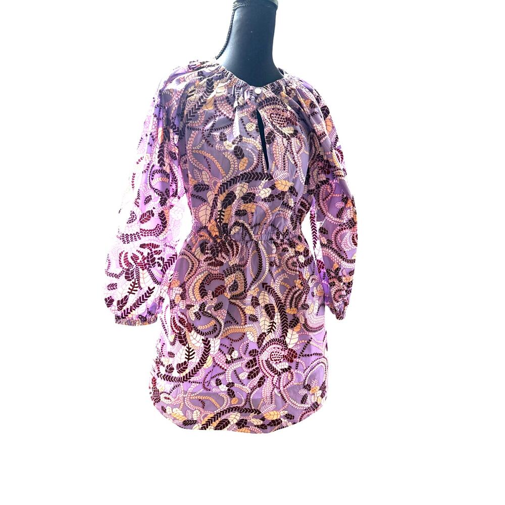 A.L.C. Cotton Abstract Print Mini Dress Size 6 Purple Balloon Sleeve